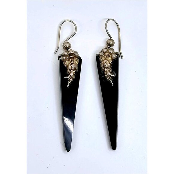 Art Deco Onyx and sterling Hook Earrings 2 inches long - Picture 1 of 9